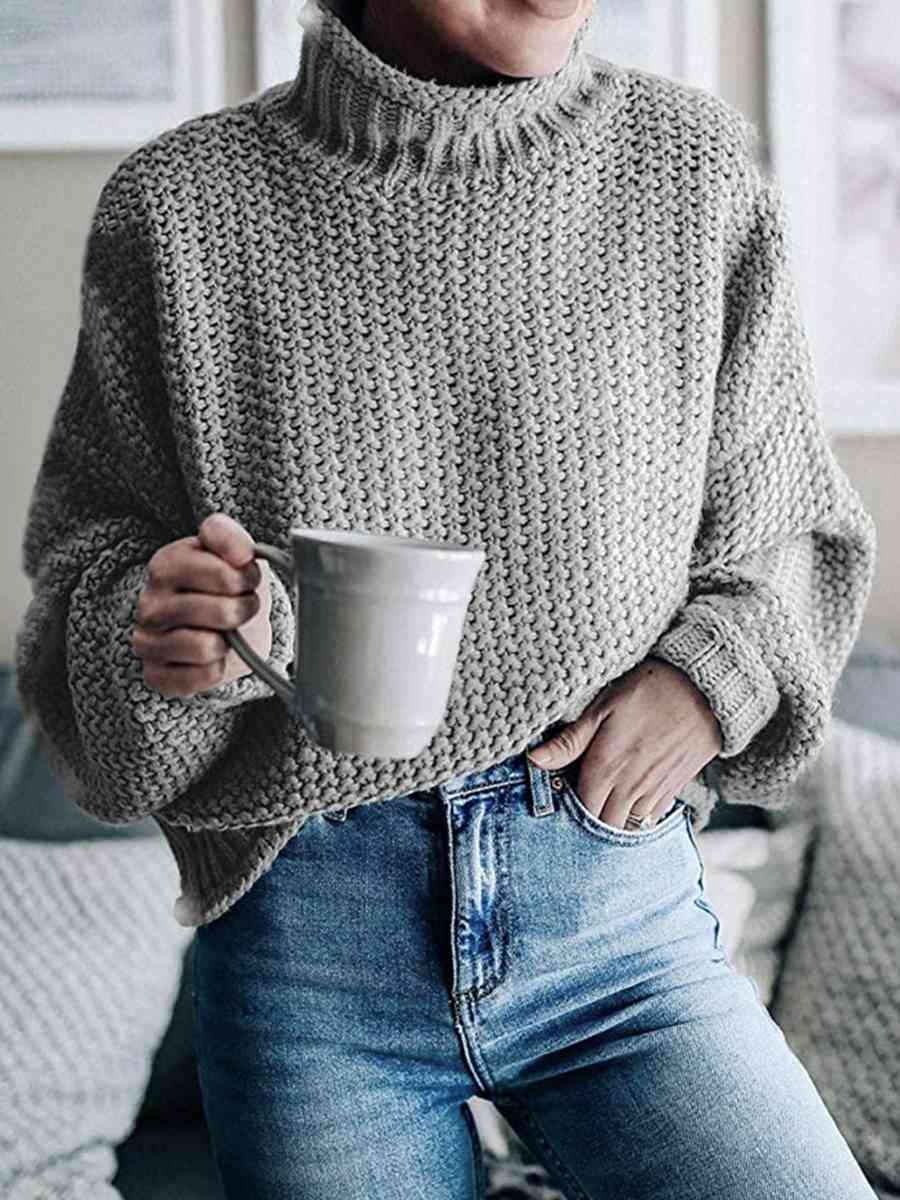 Turtleneck Dropped Shoulder Sweater | Casual Relaxed Fit Stretch Sweater