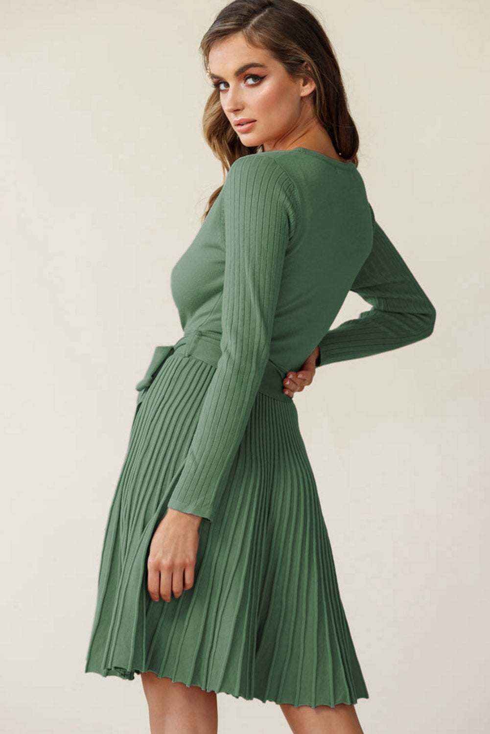 Surplice Neck Tie Waist Pleated Dress | Solid Viscose Dress With Long Sleeves