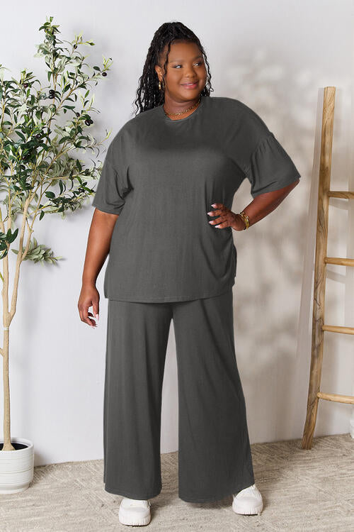 Double Take Full Size Round Neck Slit Top and Pants Set | Solid Stretchy Set