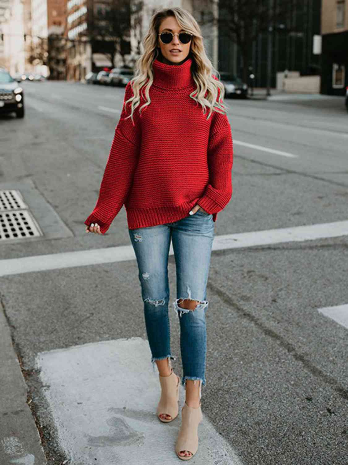 Turtleneck Dropped Shoulder Slit Sweater | Fashionable Knitted Acrylic Sweater