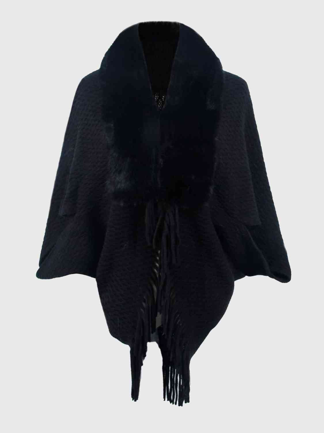 Open Front Fringe Hem Poncho | Casual Solid Fur Stretchy Polyester Poncho