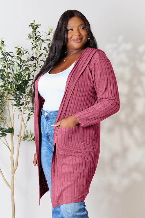 Basic Bae Full Size Ribbed Open Front Long Sleeve Cardigan | Hooded Cardigan