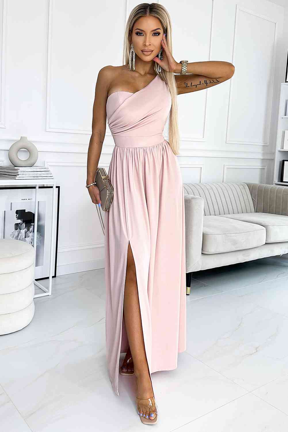 One-Shoulder Slit Maxi Dress | Prom Solid Sleeveless A-line Polyester Dress