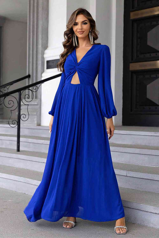 Twist Front Cutout Long Sleeve Dress | Formal Maxi Solid Polyester Dress