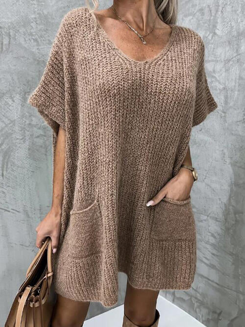 V-Neck Short Sleeve Sweater with Pockets | Casual Stretchy Polyester Sweater