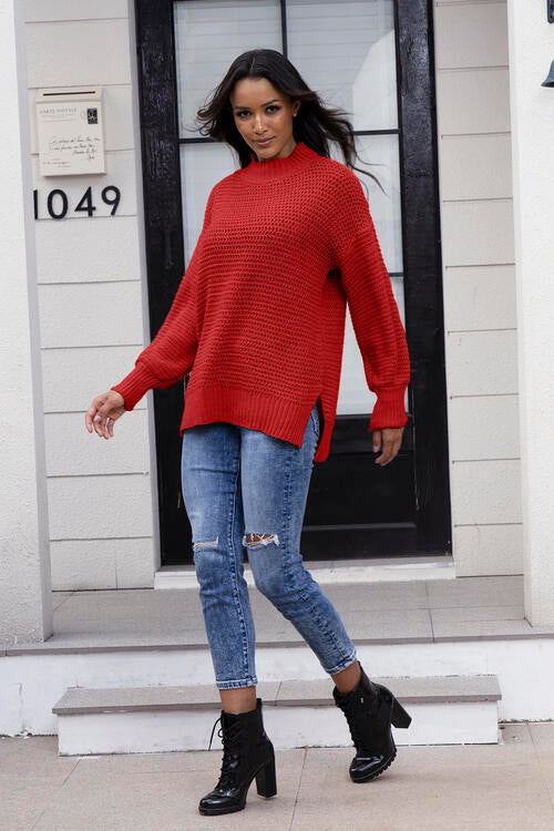 Round Neck Slit Sweater | Casual Solid Sweater With Ribbed Cuffs Hem & Neck