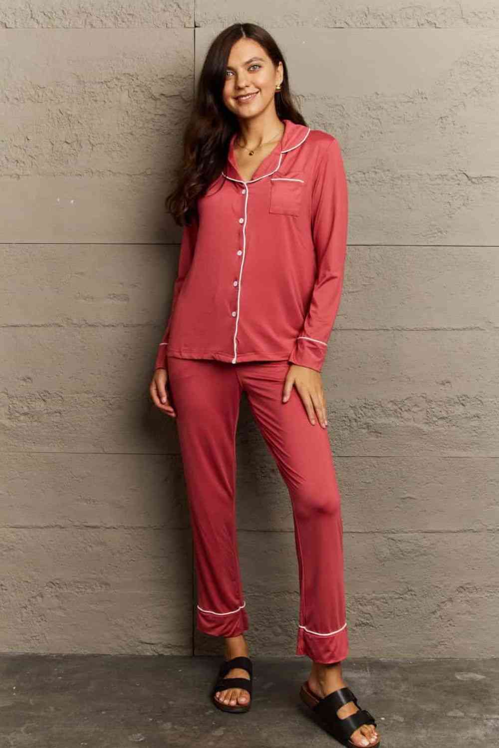 Ninexis Buttoned Collared Neck Top and Pants Pajama Set | Solid Polyester Set