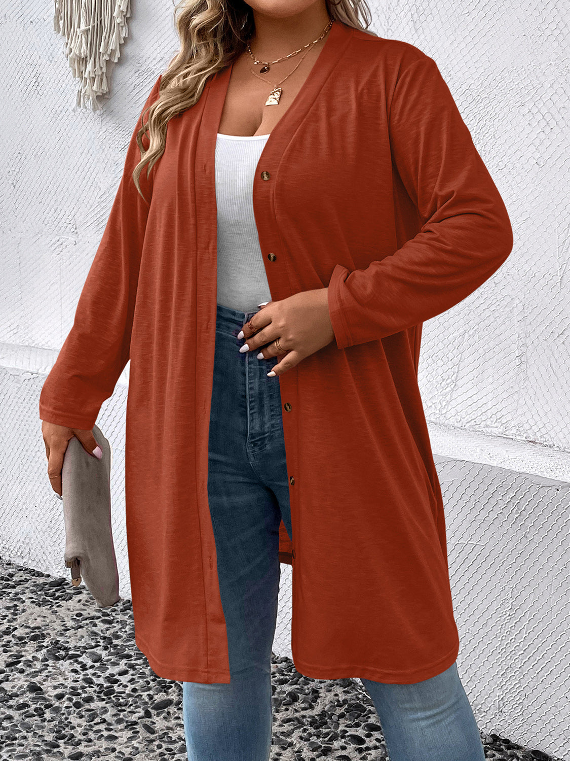 Plus Size Button Down Longline CardiganPlus Size Button Down Longline Cardigan | Polyester Cardigan With Long Sleeves