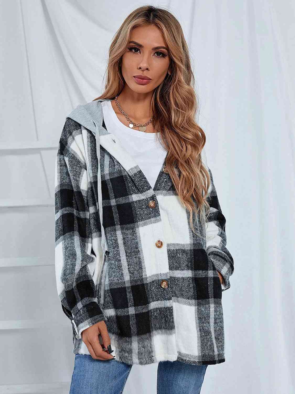 Plaid Hooded Jacket with Pockets | Casual Polyester Jacket With Long Sleeves