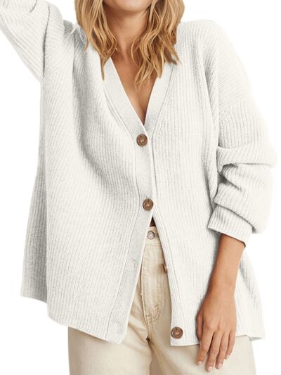 Button Up Long Sleeve Cardigan | Casual Drop Shoulder Polyester Cardigan