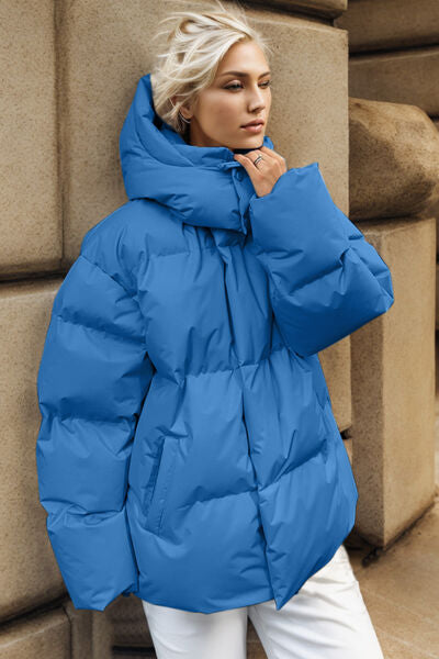 Pocketed Zip Up Hooded Puffer Jacket | Solid Polyester Jacket With Long Sleeves