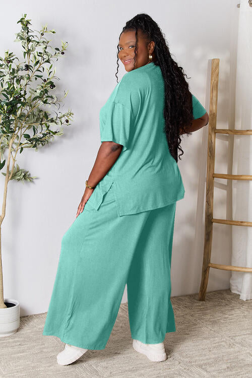 Double Take Full Size Round Neck Slit Top and Pants Set | Solid Stretchy Set