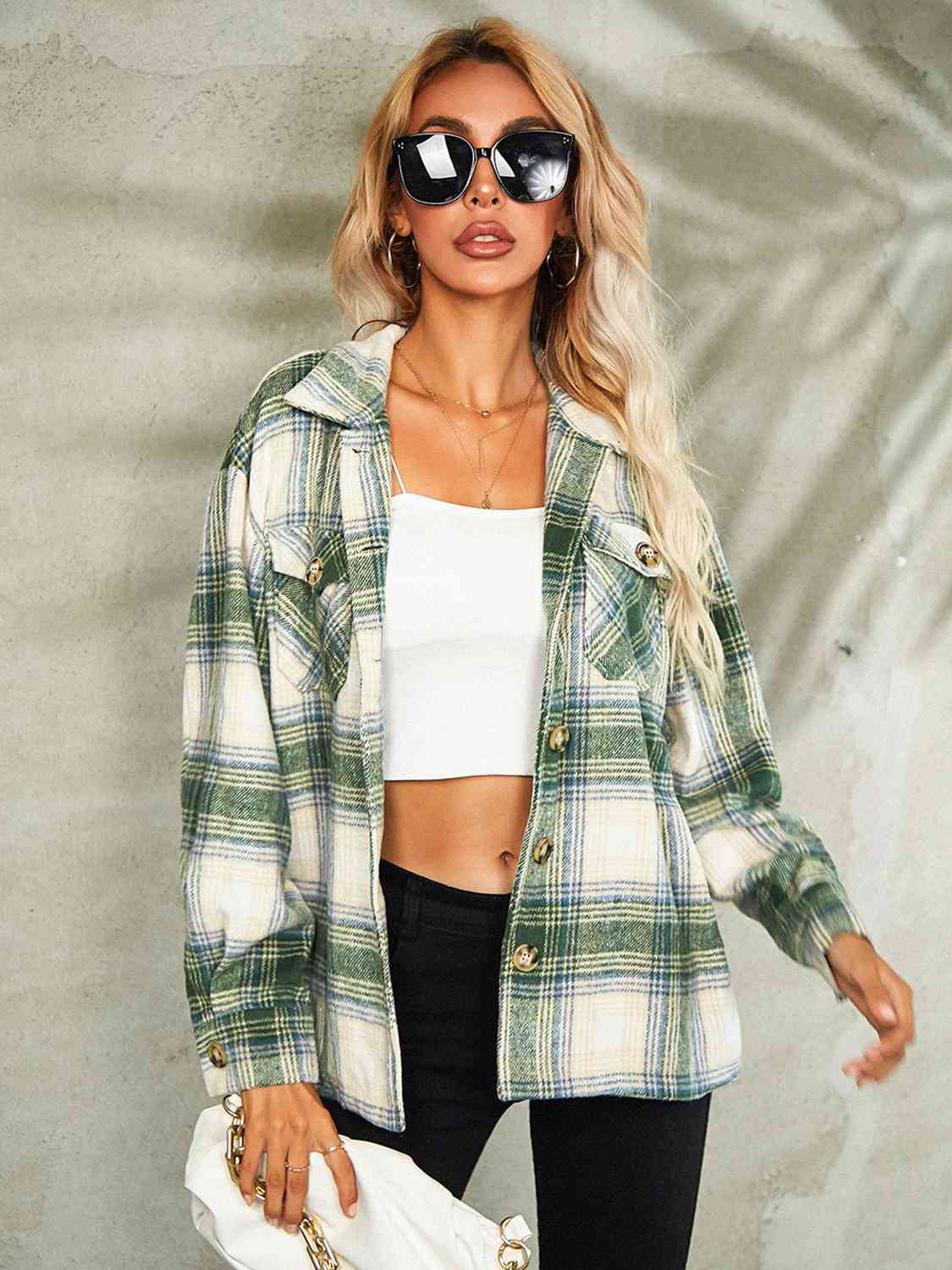 Plaid Button Down Collared Jacket | Woman's Casual Jacket With Chest Pockets