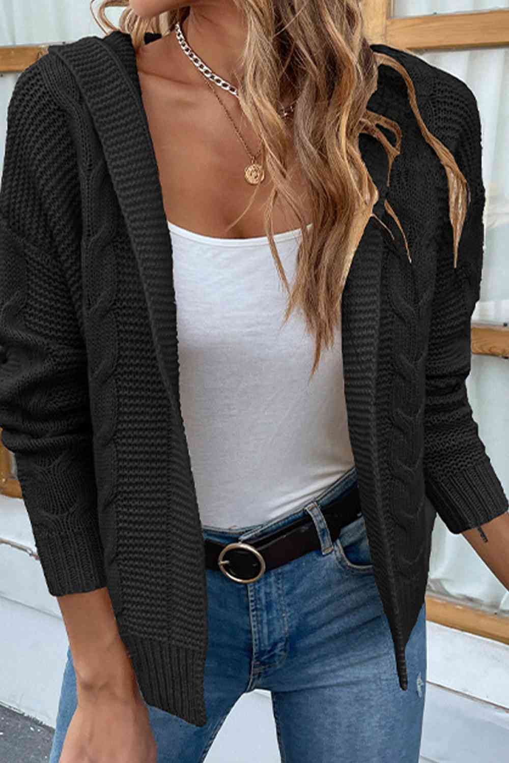 Cable-Knit Dropped Shoulder Hooded Cardigan | Casual Solid Ribbed Cardigan