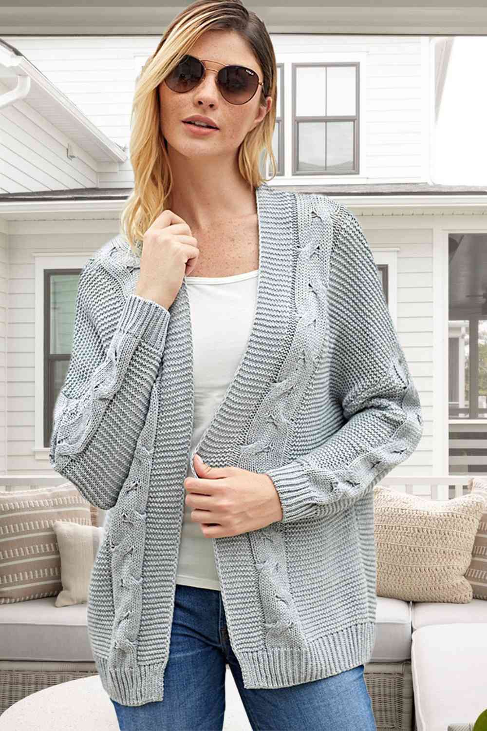 Cable-Knit Open Front Long Sleeve Cardigan