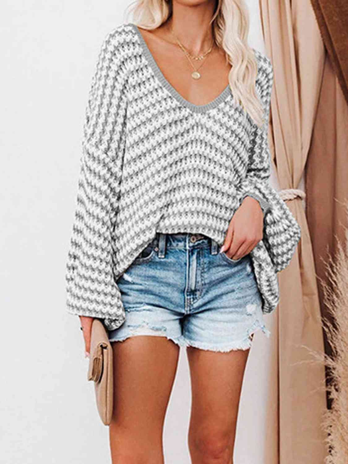 Striped Drop Shoulder V-Neck Sweater | Casual Open Work Relaxed Fit Sweater