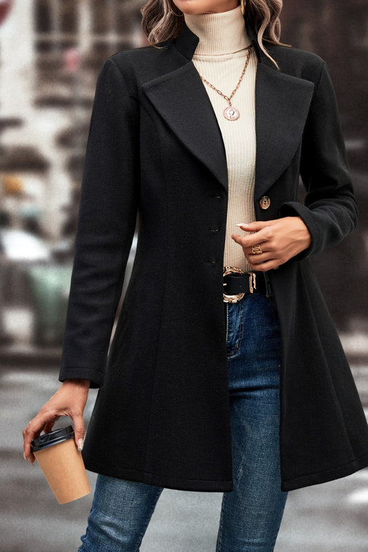 Lapel Collar Button Down Coat | Woman's Solid Polyester Coat With long Sleeves