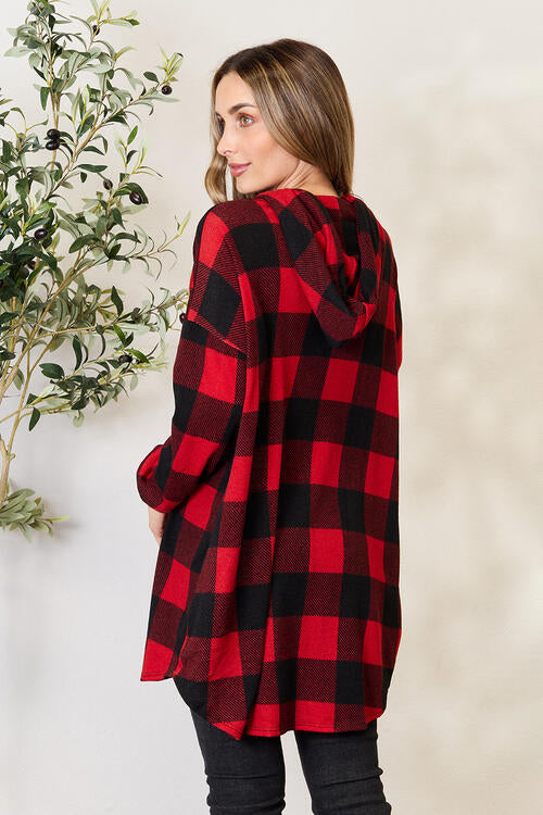 Heimish Full Size Plaid Button Front Hooded Shirt | Casual Stretchy Shirt