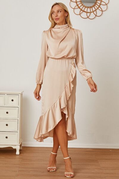 Mock Neck Ruffled Asymmetrical Dress