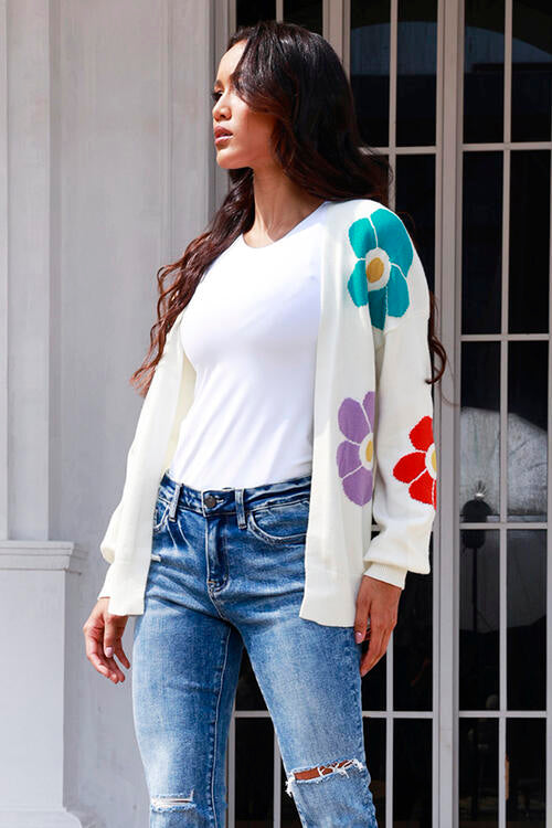Flower Pattern Open Front Long Sleeve Cardigan | Cardigan With Cuffed Sleeves