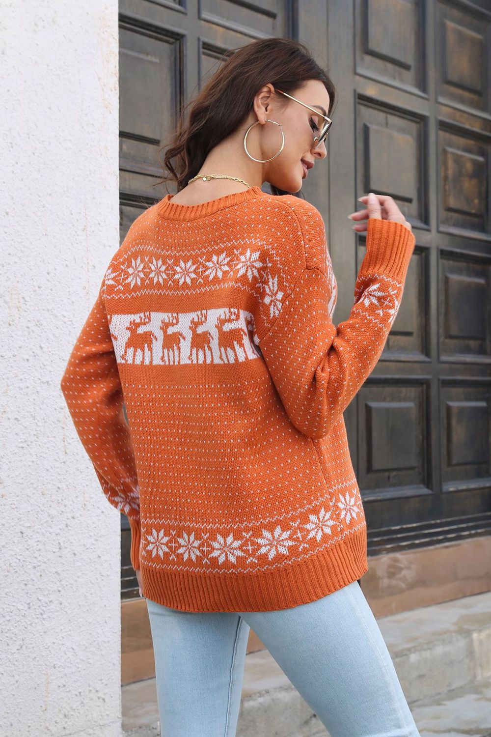 Reindeer & Snowflake Pattern Dropped Shoulder Pullover Sweater | Acrylic Sweater