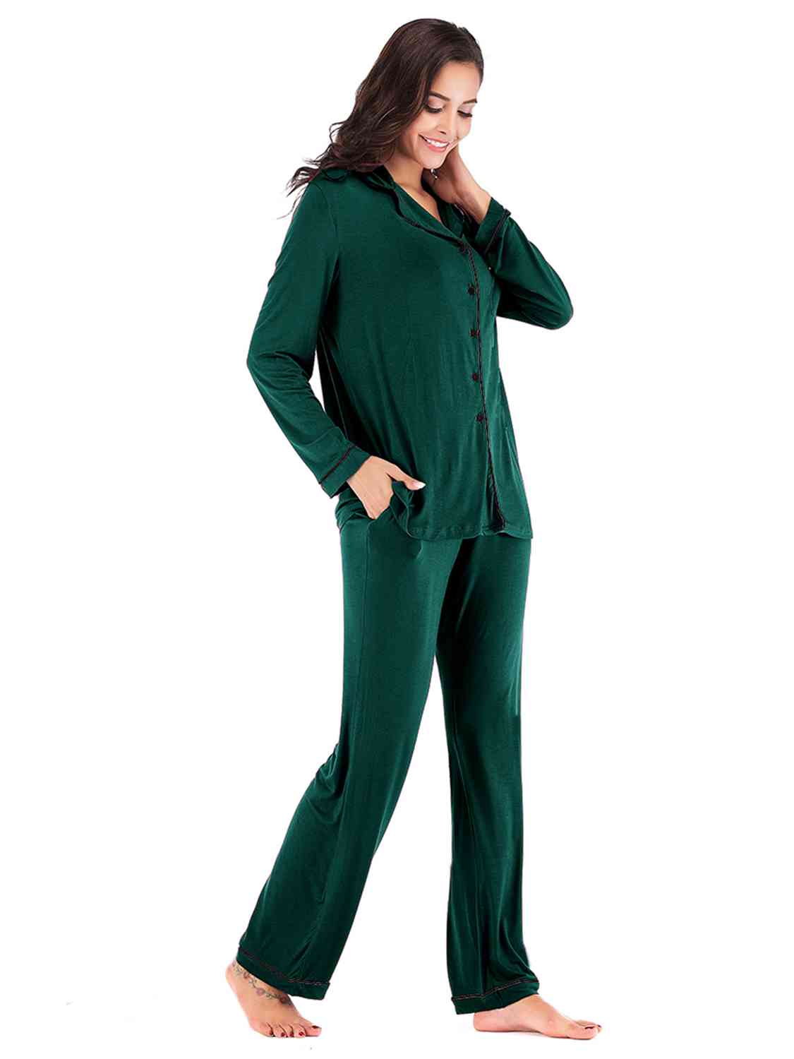 Collared Neck Long Sleeve Loungewear Set with Pockets | Stretchy Nylon Set