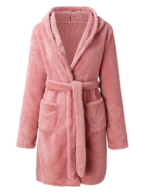 Tie Waist Hooded Robe | Soft Solid Stretched Polyester Robe With Pockets