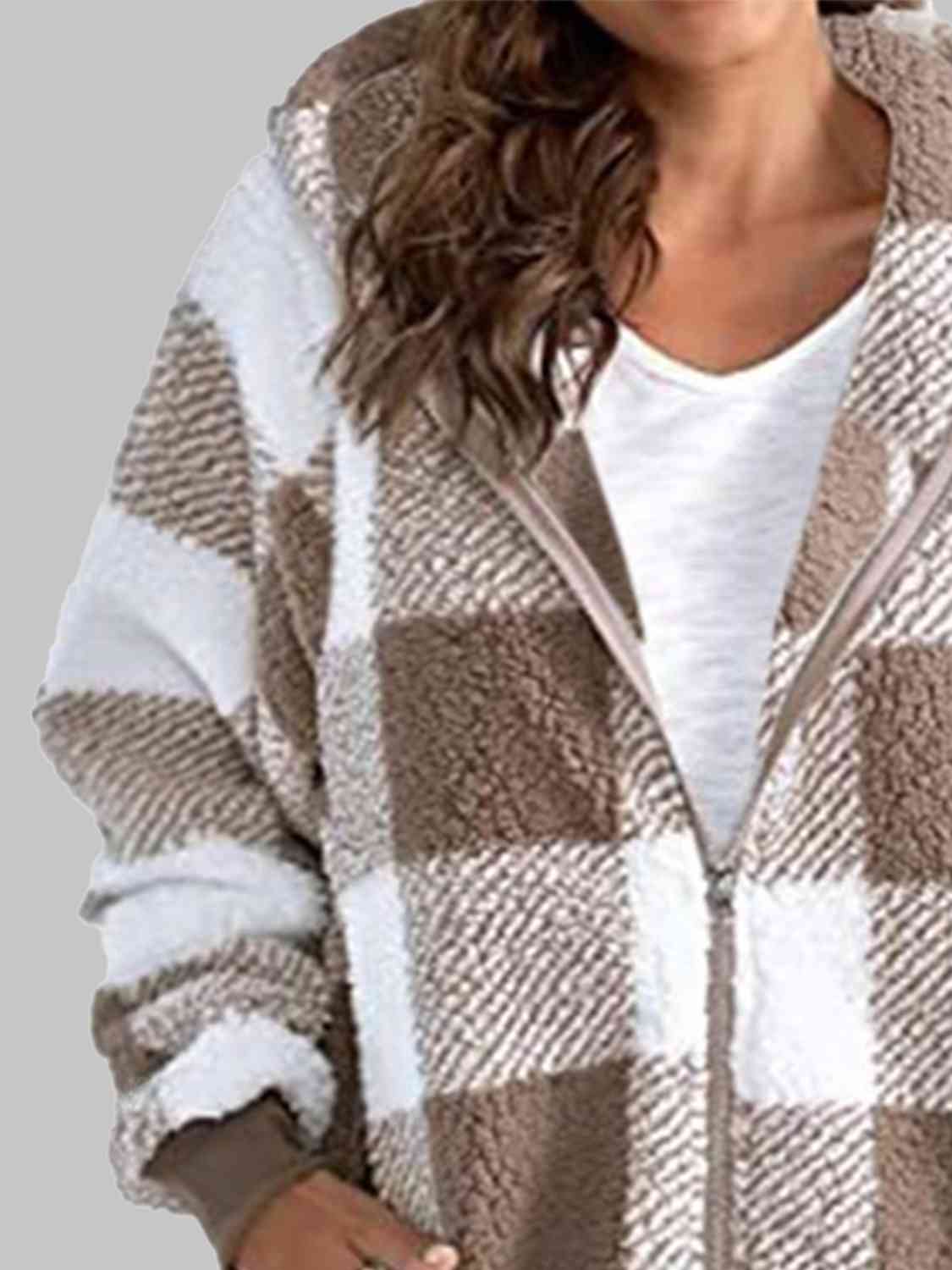 Plaid Zip-Up Hooded Jacket with Pockets | Warm Cozy Fuzzy Sherpa Jacket Shirt