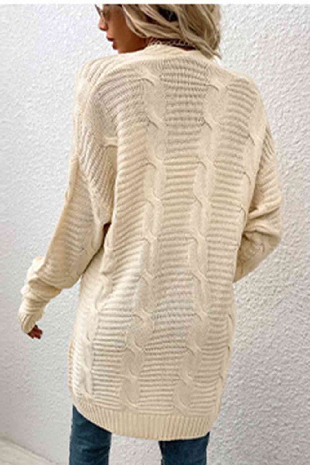 Cable-Knit Open Front Cardigan with Pockets | Casual Ribbed Polyester Cardigan