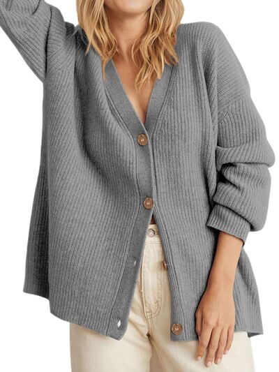 Button Up Long Sleeve Cardigan | Casual Drop Shoulder Polyester Cardigan