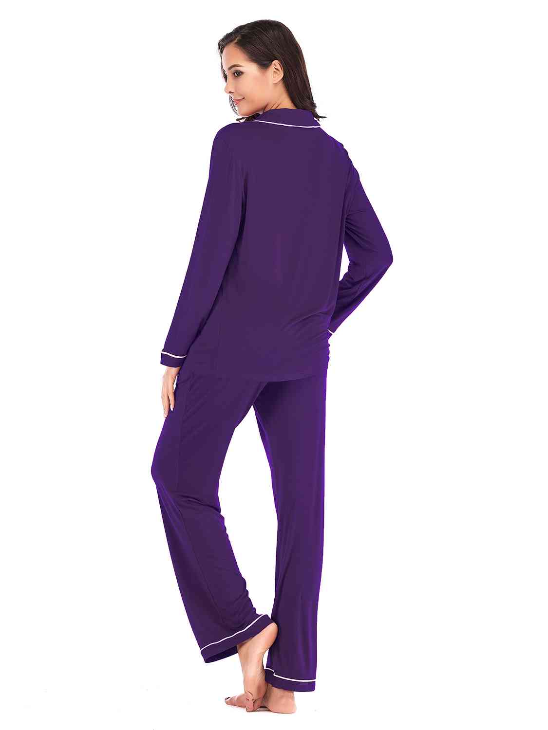 Collared Neck Long Sleeve Loungewear Set with Pockets | Stretchy Nylon Set