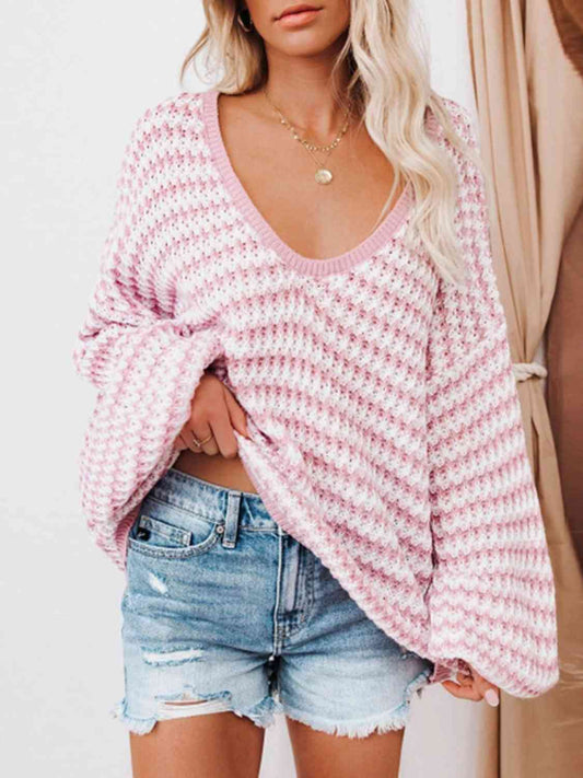 Striped Drop Shoulder V-Neck Sweater | Casual Open Work Relaxed Fit Sweater