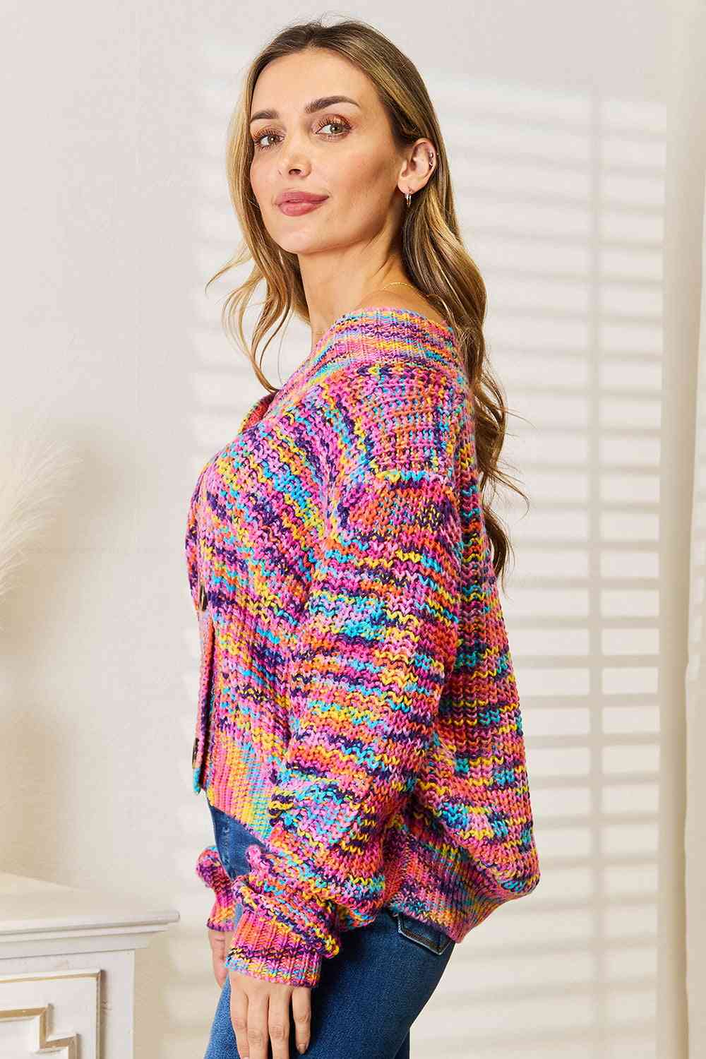 Woven Right V-Neck Long Sleeve Cardigan | Casual Multicolor Acrylic Cardigan