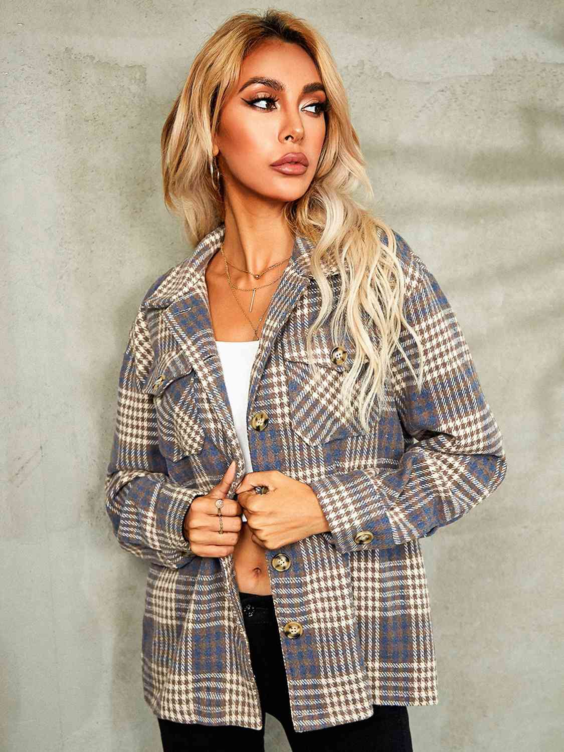 Plaid Button Down Collared Jacket | Woman's Casual Jacket With Chest Pockets