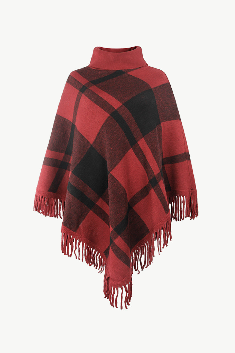 Plaid Turtleneck Fringe Hem Poncho | Trendy Casual Stretch Acrylic Poncho