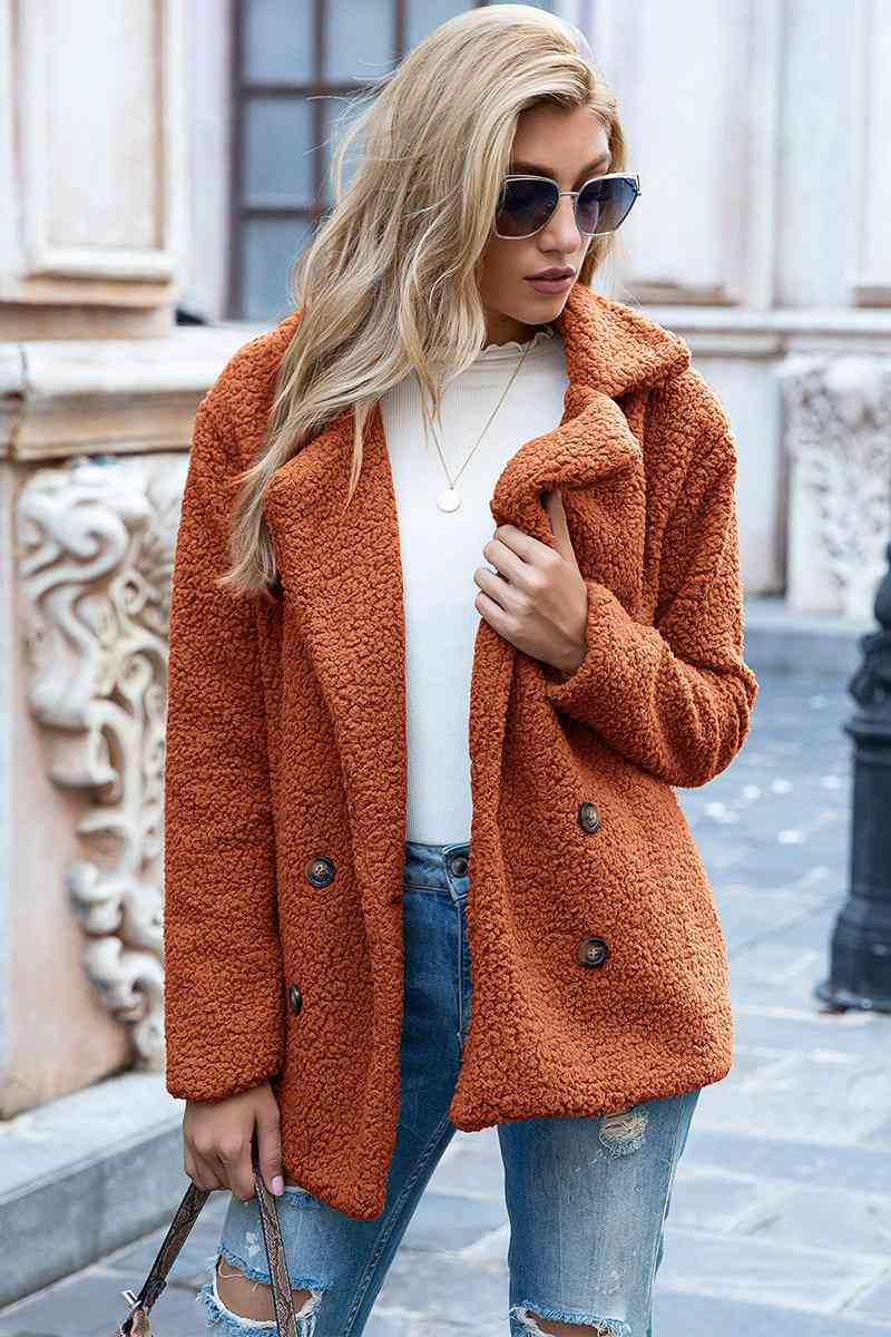 Full Size Lapel Collar Sherpa Coat | Solid  Double-breasted Pocketed Coat