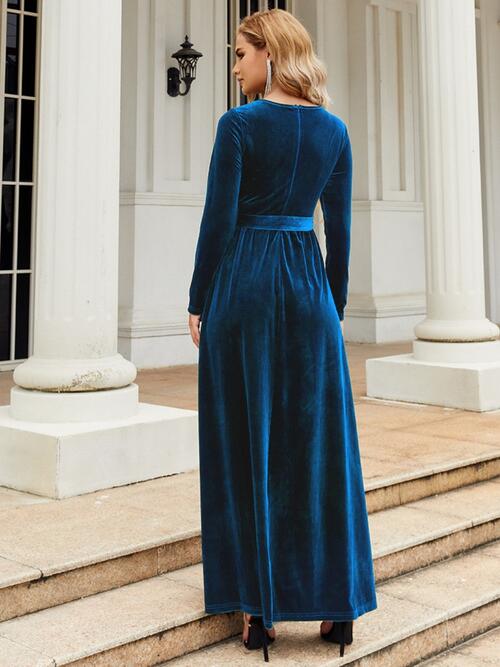 Tie Front Round Neck Long Sleeve Maxi Dress | Evening Solid Polyester Dress