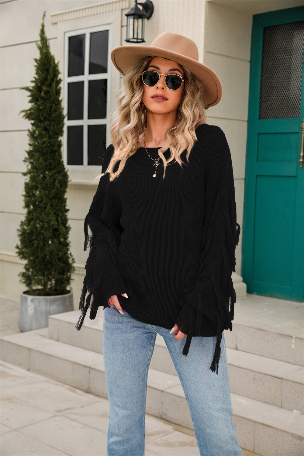 Ribbed Round Neck Fringe Detail Sweater | Solid Acrylic Sweater With Long Sleeve