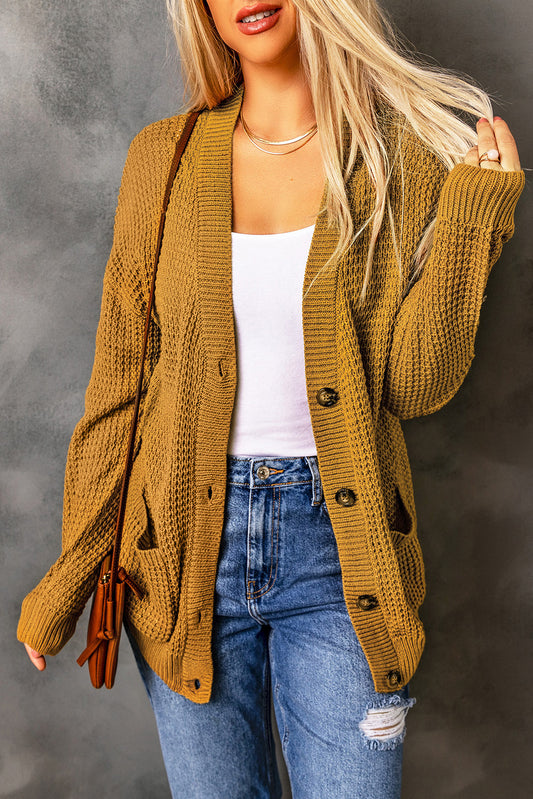 Drop Shoulder Button Down Pocketed Cardigan | Long Acrylic Casual Cardigan