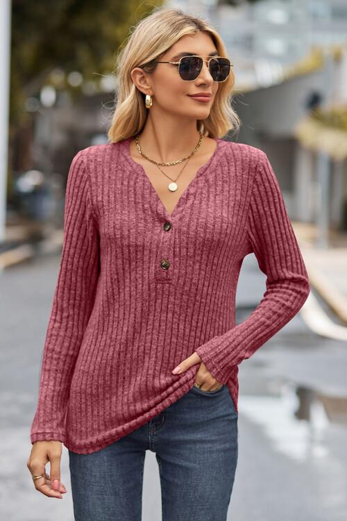 Ribbed Half Button Long Sleeve Knit Top | Casual Polyester Knit Top Buttons