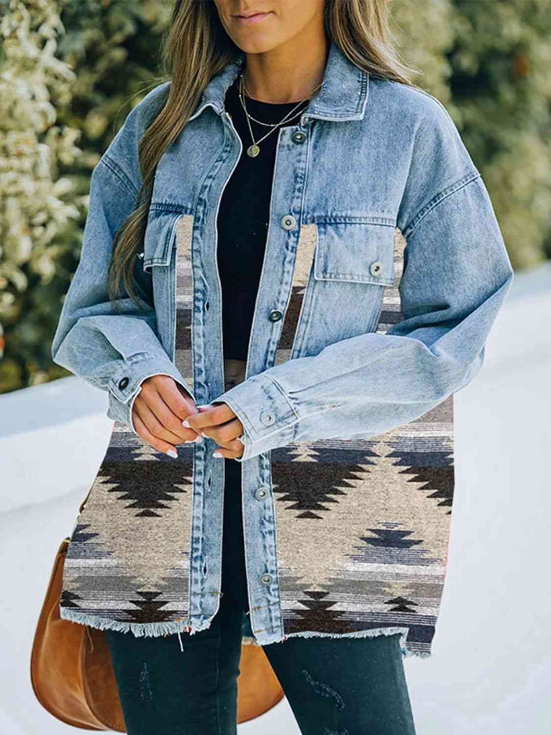 Collared Neck Dropped Shoulder Denim Jacket | Buttoned Jacket With Pockets