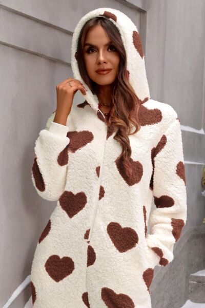Fuzzy Heart Zip Up Hooded Lounge Jumpsuit | Woman's Polyester Pocketed Jumpsuit