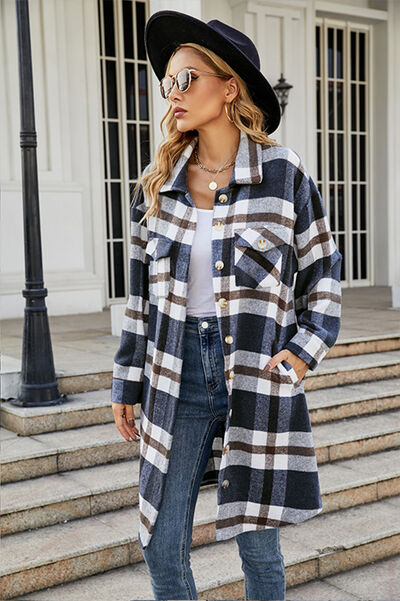 Plaid Button Up Collared Neck Coat with Pockets | Long Sleeves Polyester Coat