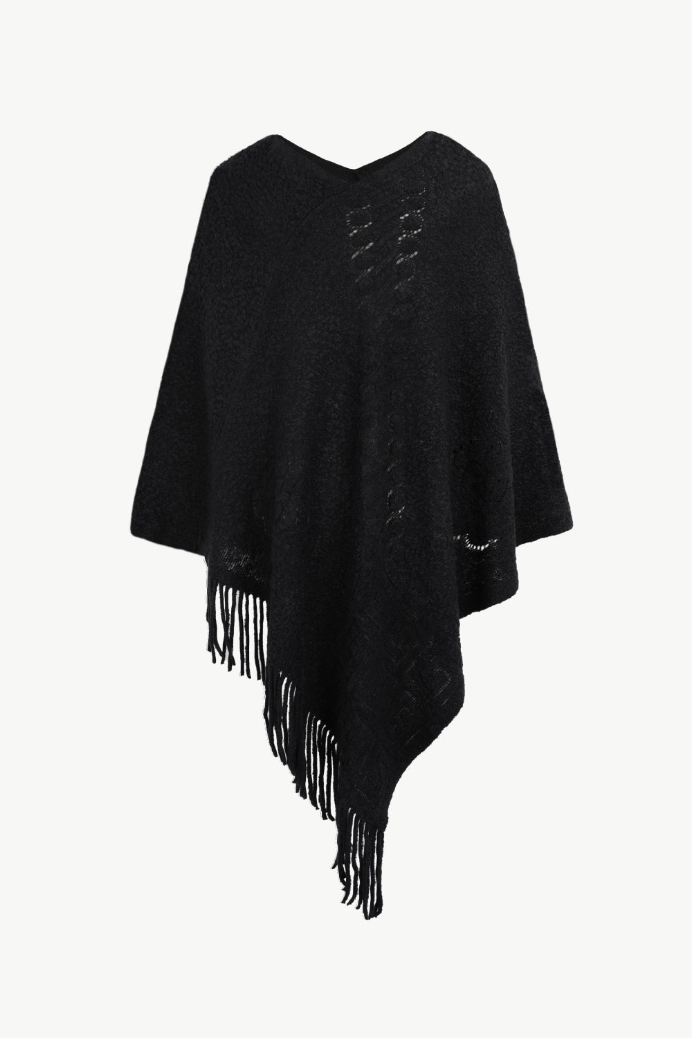 Pearl Trim Fringe Hem Poncho | Casual Solid Woman's Stretchy Acrylic Poncho