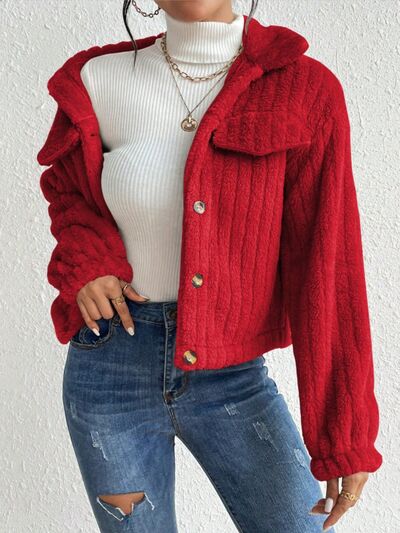 Fuzzy Button Up Collared Neck Jacket | Solid Polyester Jacket With Pockets