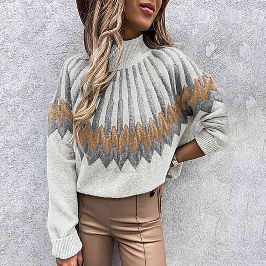 Mock Neck Long Sleeve Sweater | Patterned Sweater With Ribbed Cuffs And Neckline