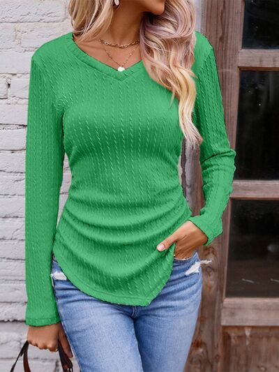 Textured Ruched V-Neck Long Sleeve T-Shirt | Casual Stretchy Polyester T-Shirt