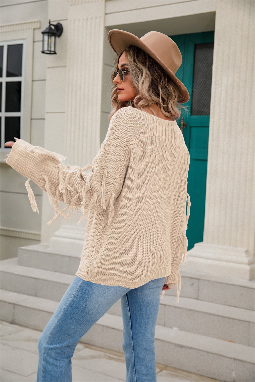 Ribbed Round Neck Fringe Detail Sweater | Solid Acrylic Sweater With Long Sleeve