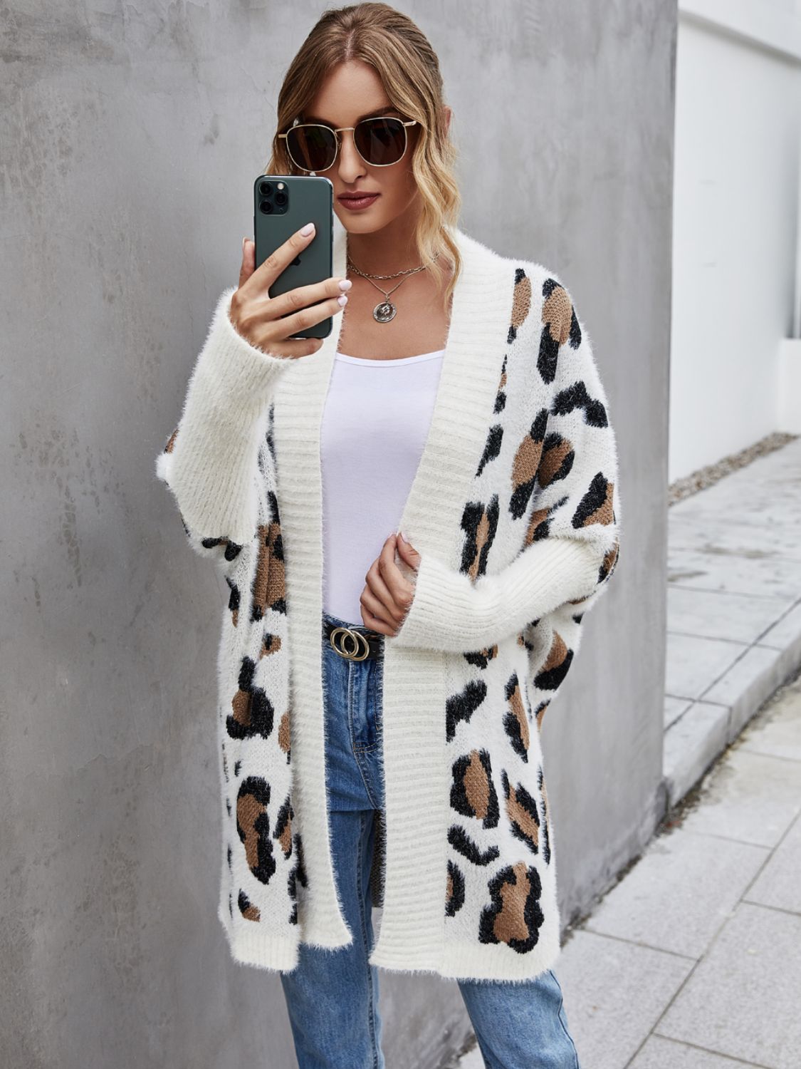 Leopard Pattern Fuzzy Cardigan | Ribbed Hem and Cuffs Leo Animal Print Cardigan