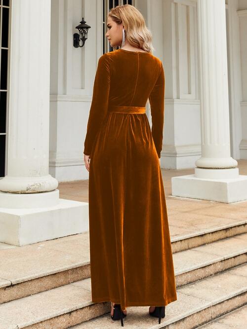 Tie Front Round Neck Long Sleeve Maxi Dress | Evening Solid Polyester Dress